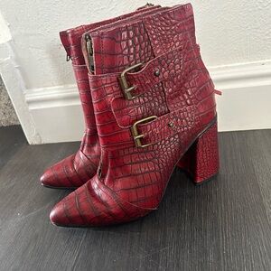Freebird by Steven Red Croc-Embossed Block Heel Ankle Boots